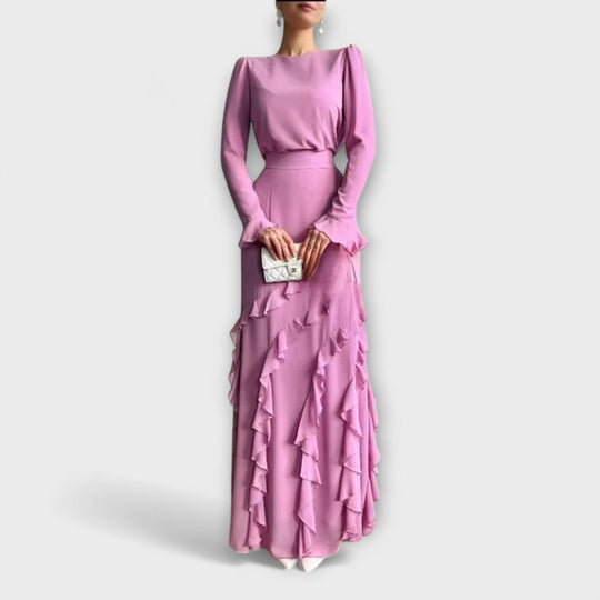 Falerra – Figure-Hugging Maxi Dress with Ruffle Structure