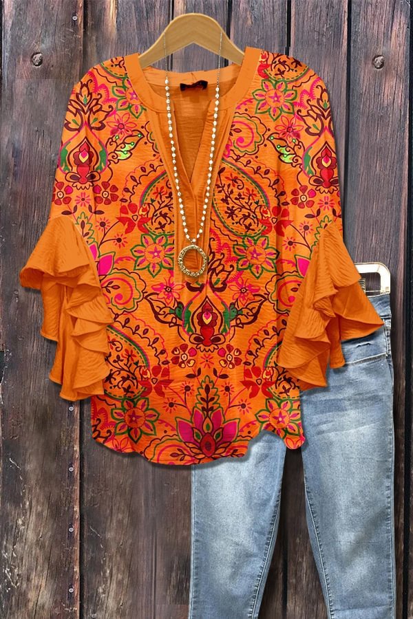 Zainab – Boho Paisley Ruffle Sleeve Blouse for Women