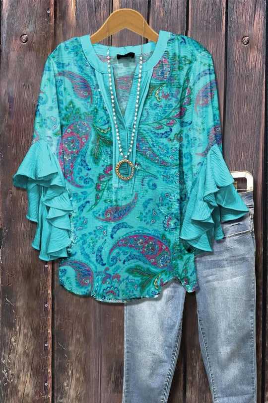 Zainab – Boho Paisley Ruffle Sleeve Blouse for Women