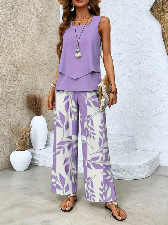 Ashtine – Sleeveless Leaf-Print Lounge Set for Women