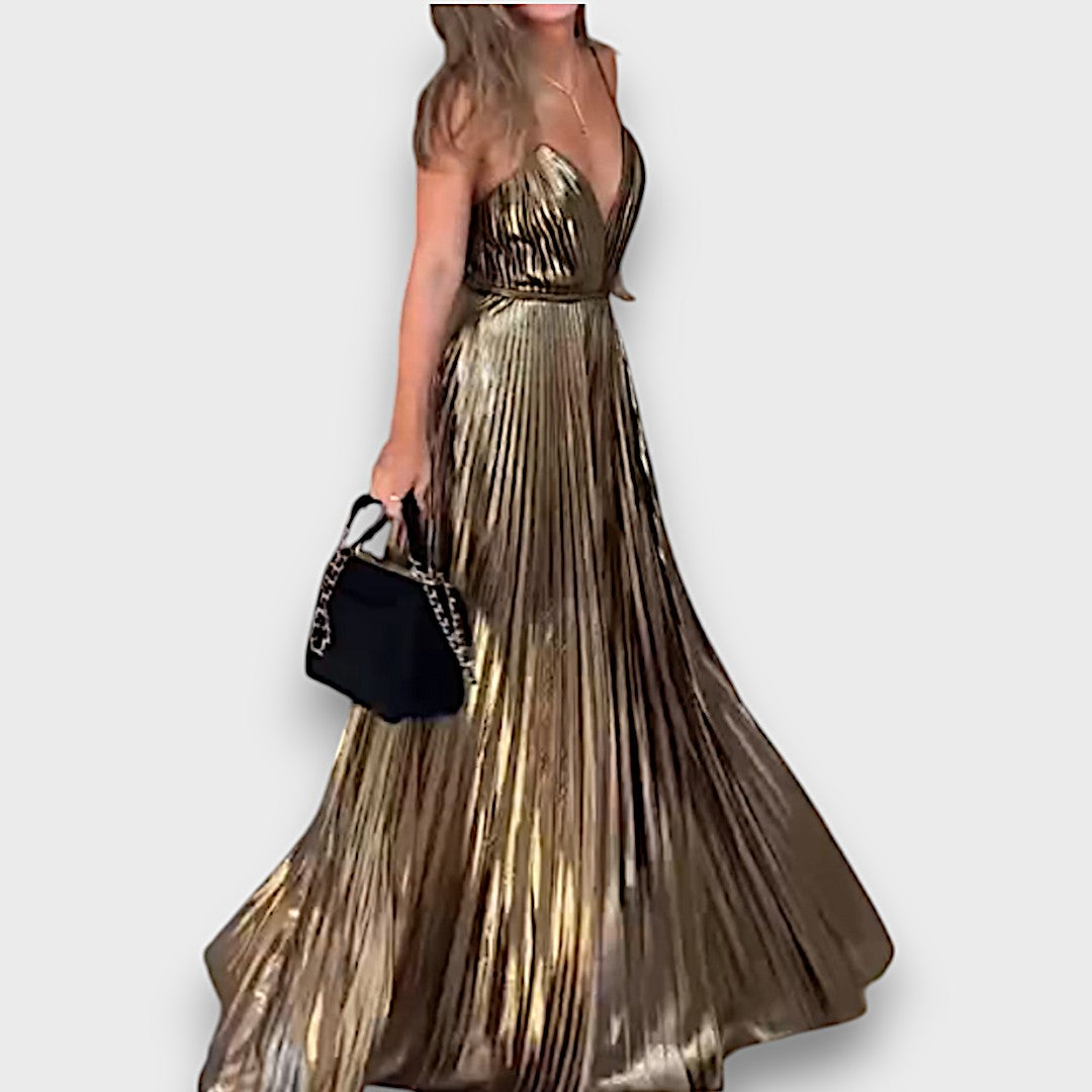 Aurora – Golden Pleated Dress with Deep Neckline