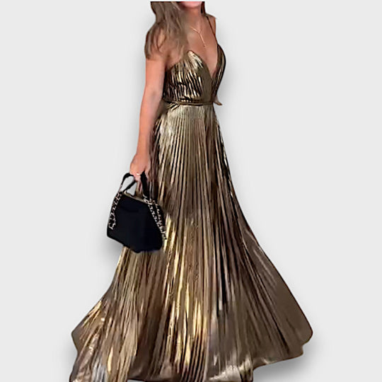 Aurora – Golden Pleated Dress with Deep Neckline