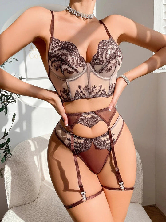 Marivelle – Mocha Embroidered Corset Lingerie Set for Women