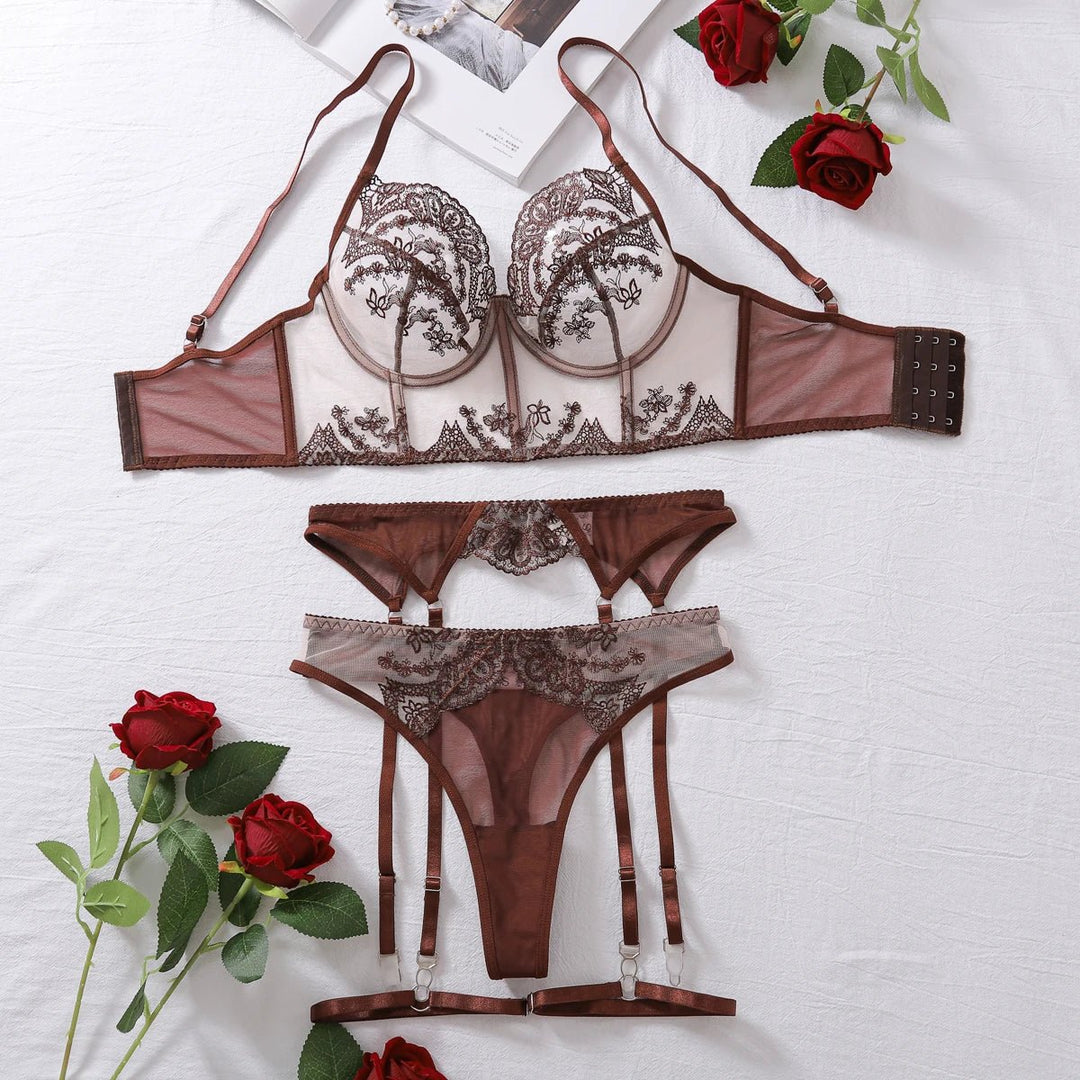 Marivelle – Mocha Embroidered Corset Lingerie Set for Women