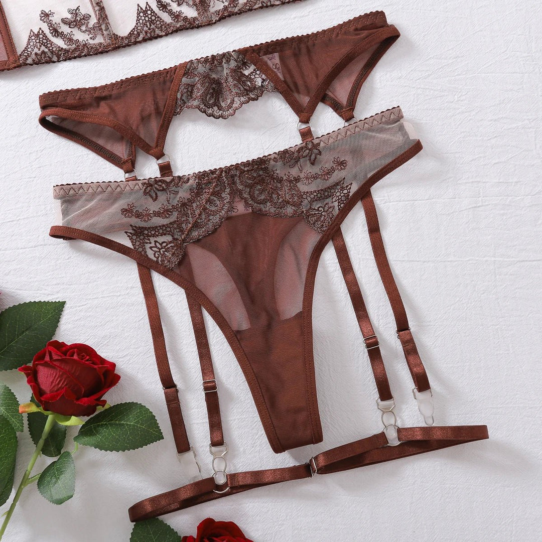 Marivelle – Mocha Embroidered Corset Lingerie Set for Women