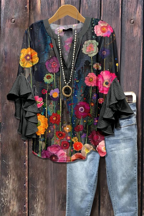 Rebekah – Bold Floral Ruffle Sleeve Blouse for Women