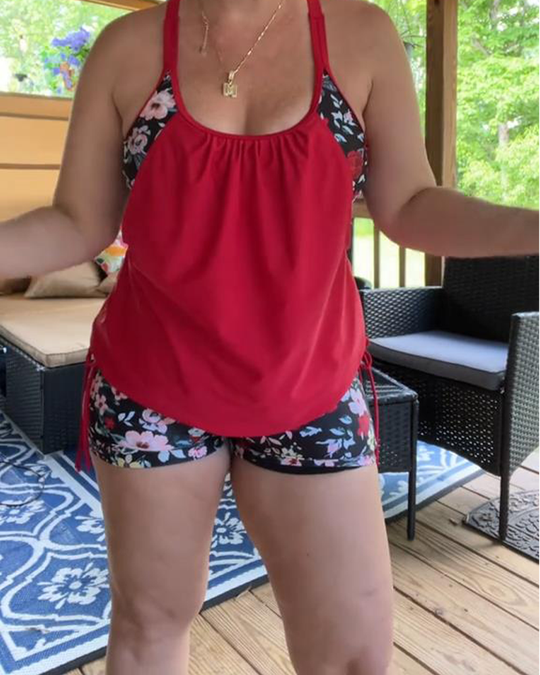 Roskira – Floral Mesh Panel Tankini Set with Shorts