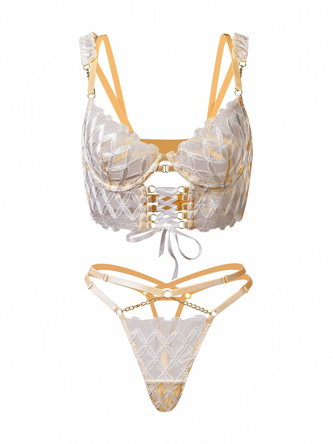Eloura – White & Gold Embroidered Corset Lingerie Set for Women