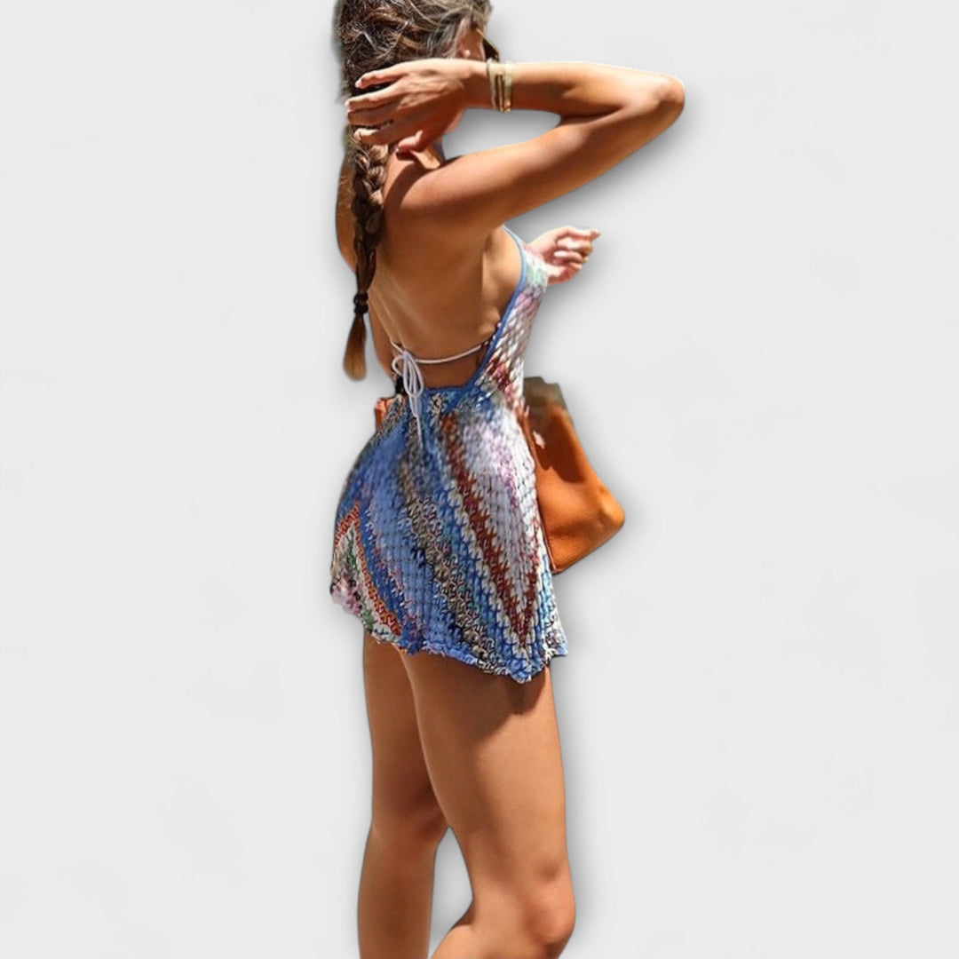 Henara – Backless Halter Neck Romper in Crochet Look