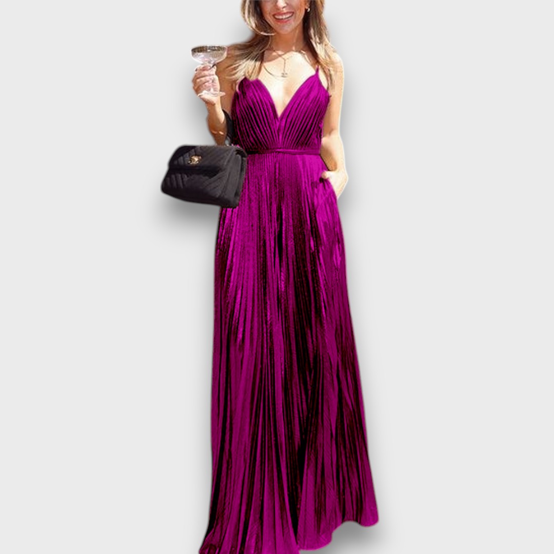 Aurora – Golden Pleated Dress with Deep Neckline