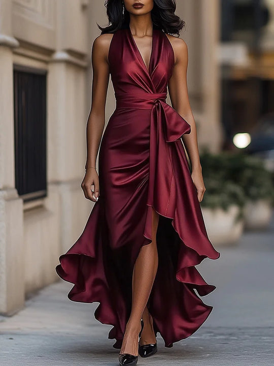Darlene – Satin Halter Neck Ruffle Evening Gown for Women
