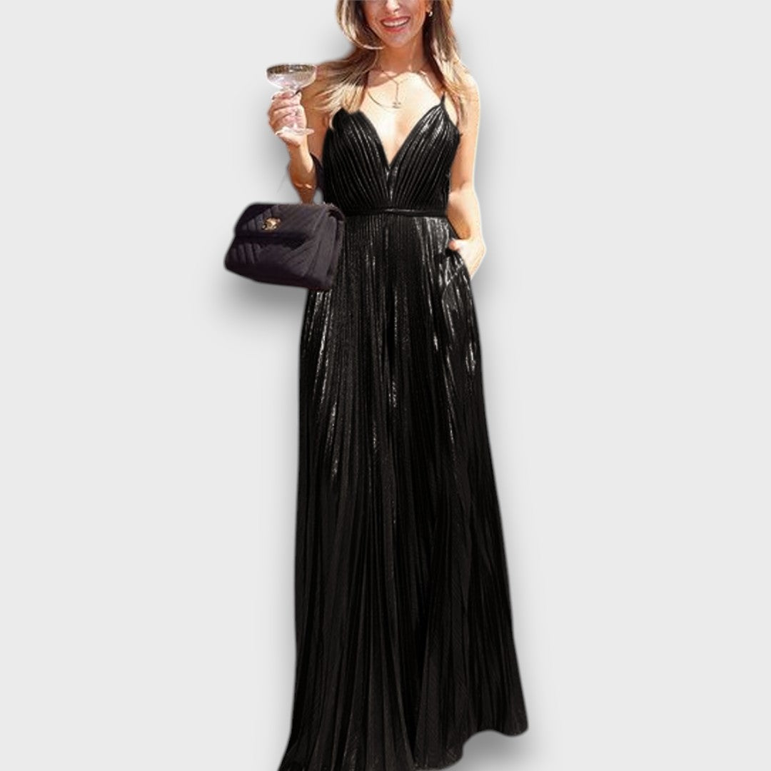 Aurora – Golden Pleated Dress with Deep Neckline
