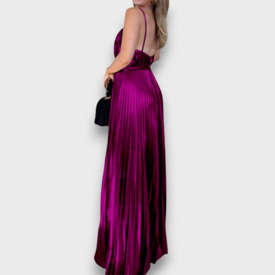 Aurora – Golden Pleated Dress with Deep Neckline