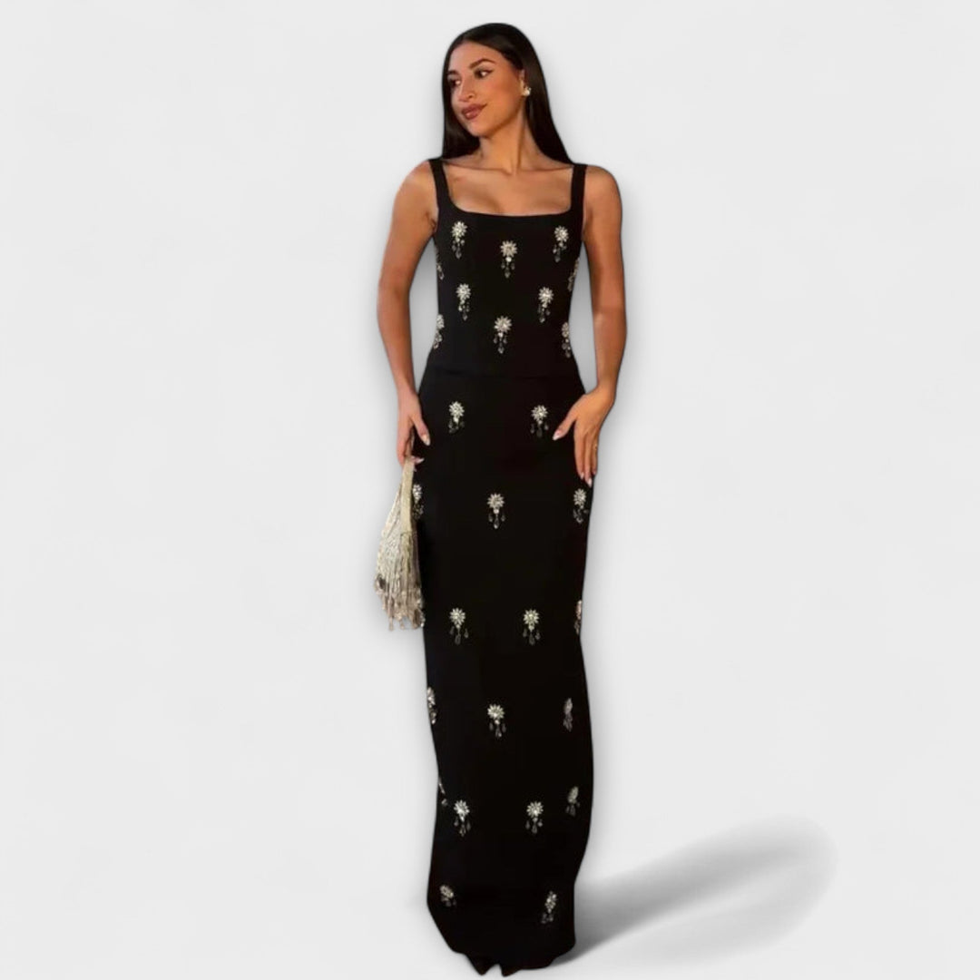 Aviane – Black Ensemble with Pearl Zipper Top and Skirt