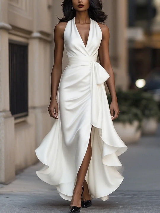 Darlene – Satin Halter Neck Ruffle Evening Gown for Women