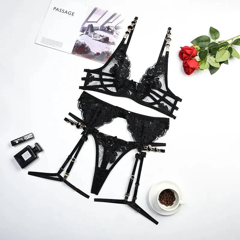 Evelisse – Rose Embroidered Mesh Lingerie Set for Women