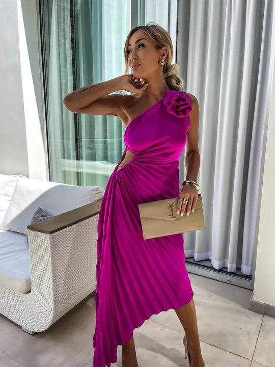Milada – One-Shoulder Pleated Midi Dress for Women