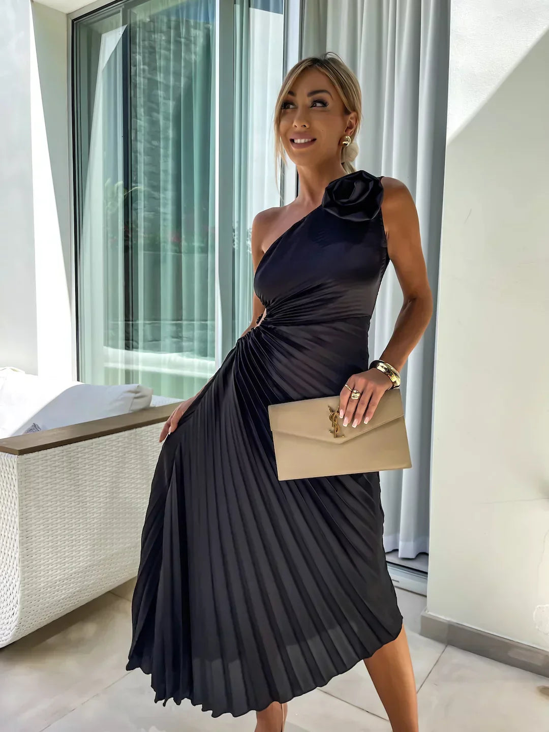 Milada – One-Shoulder Pleated Midi Dress for Women