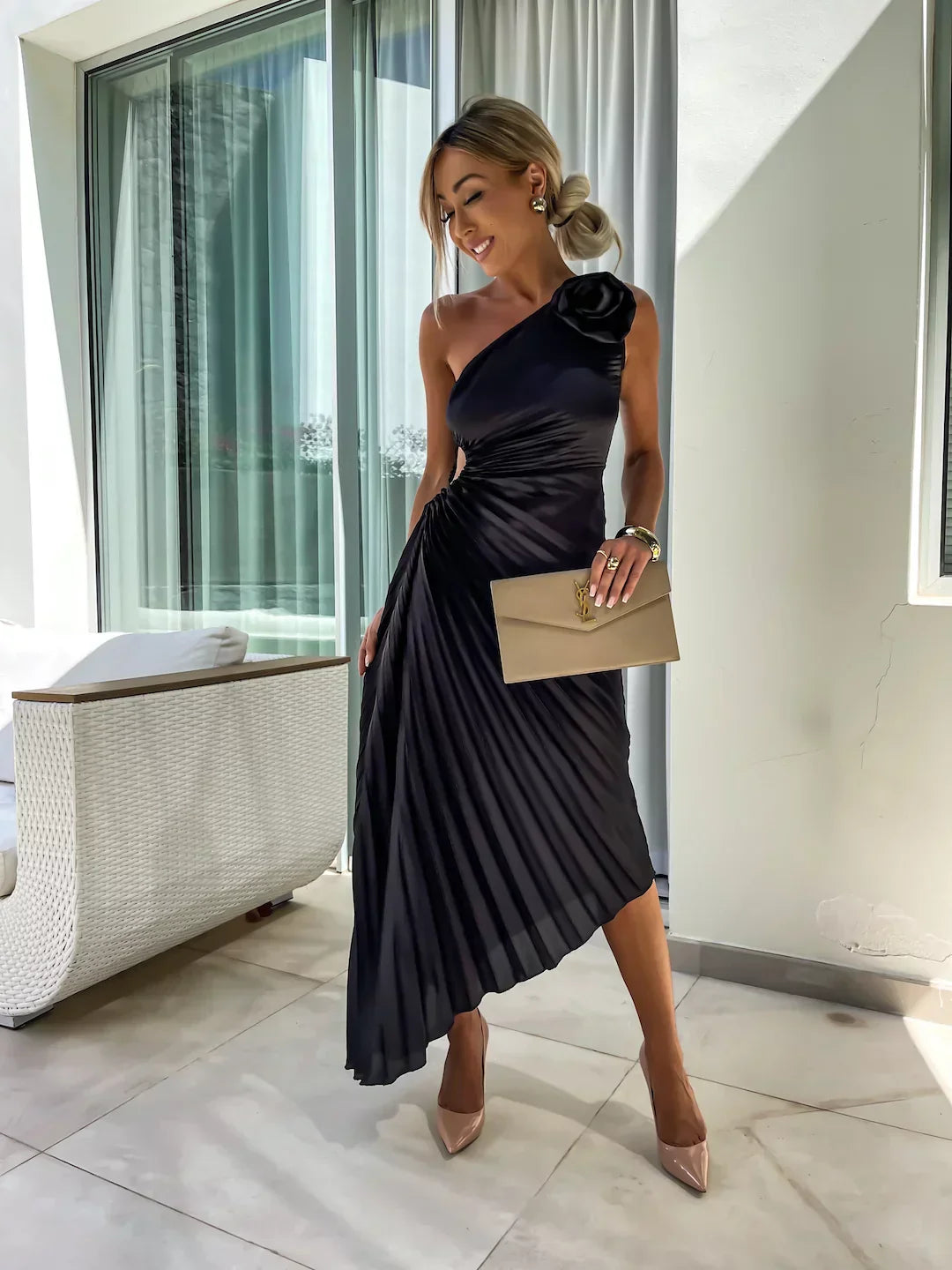 Milada – One-Shoulder Pleated Midi Dress for Women