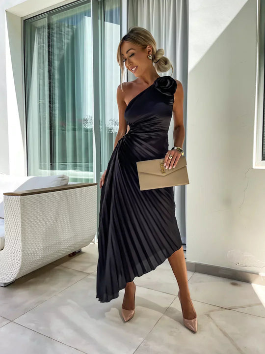 Milada – One-Shoulder Pleated Midi Dress for Women