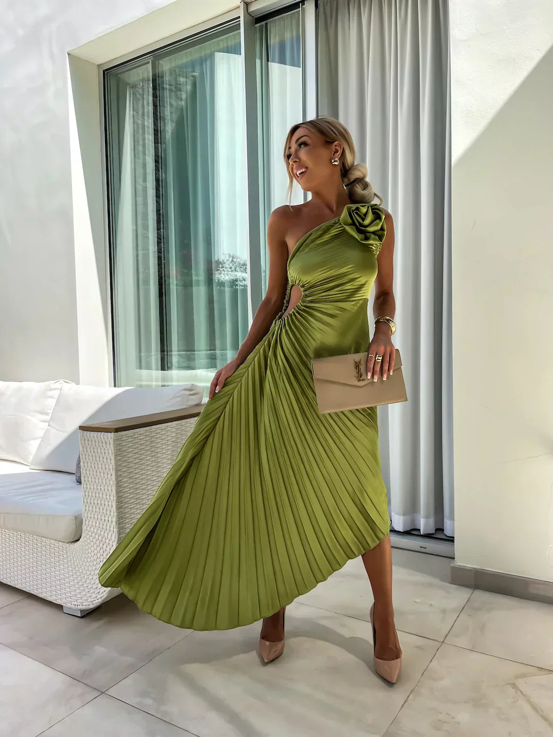 Milada – One-Shoulder Pleated Midi Dress for Women