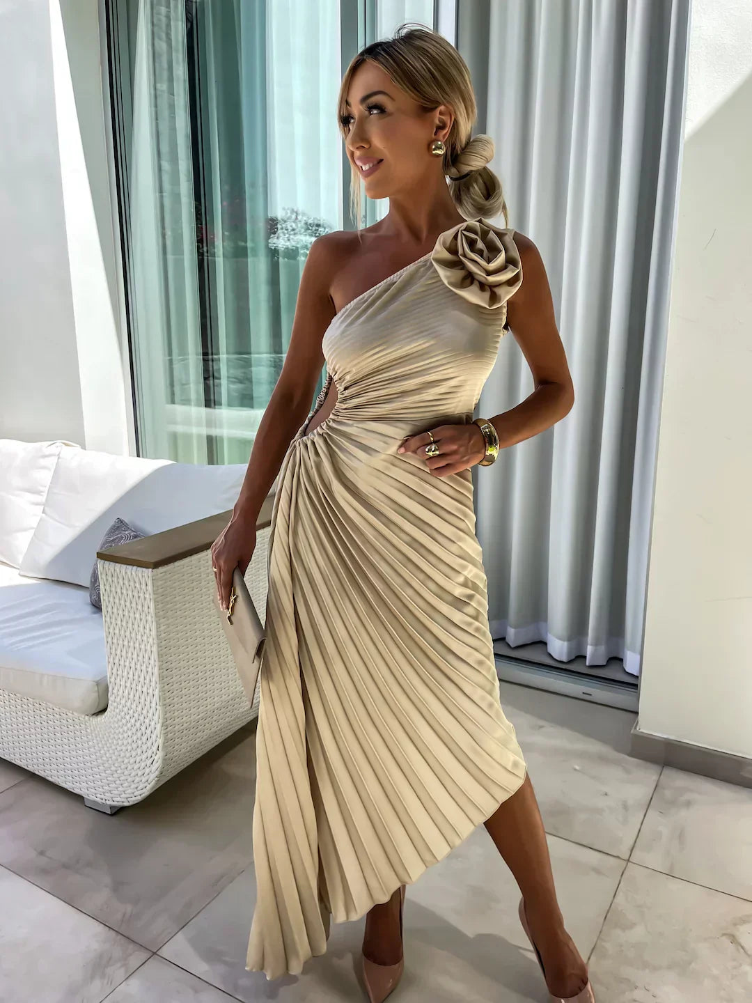 Milada – One-Shoulder Pleated Midi Dress for Women