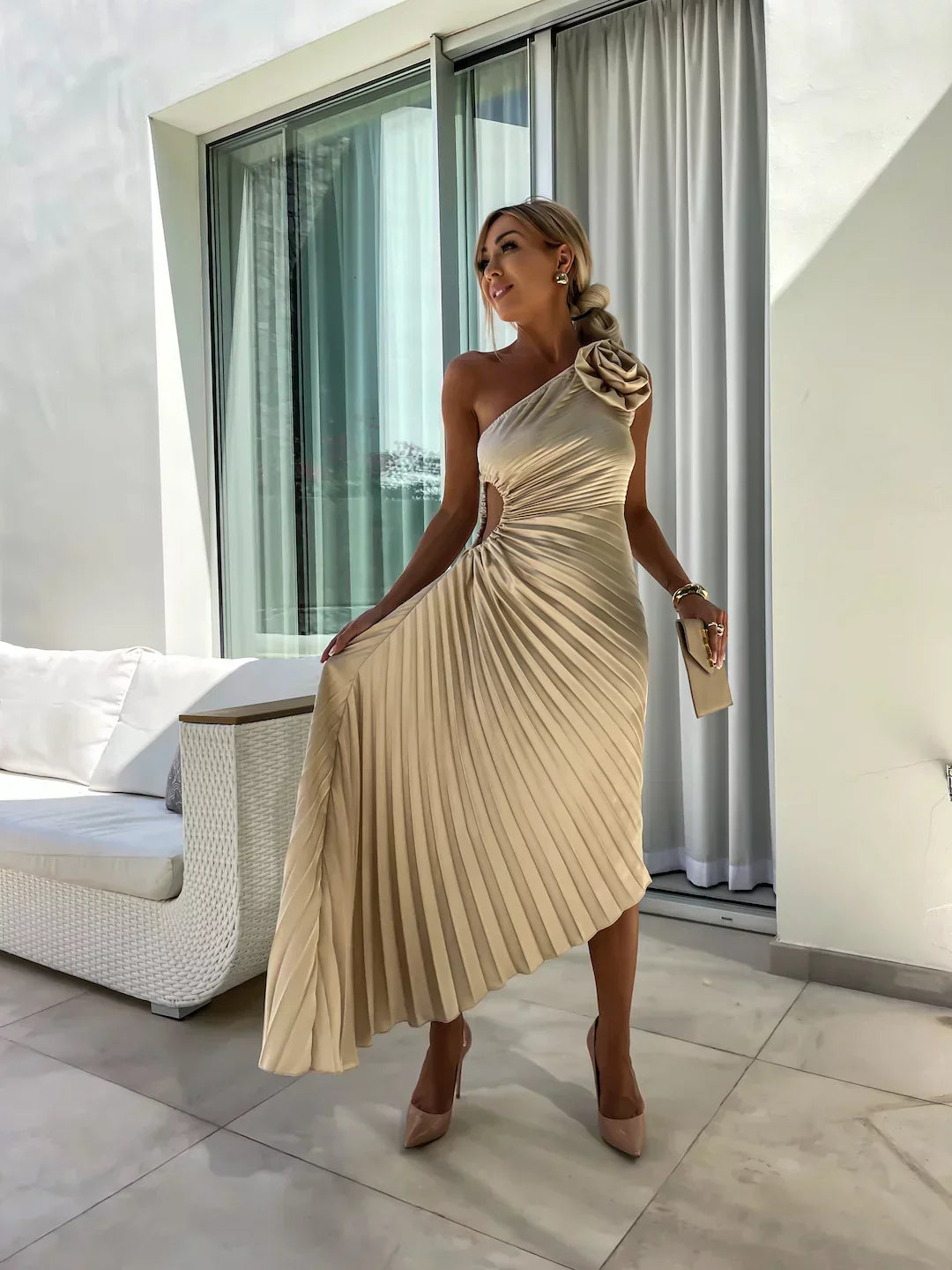 Milada – One-Shoulder Pleated Midi Dress for Women