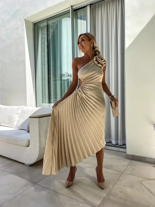 Milada – One-Shoulder Pleated Midi Dress for Women