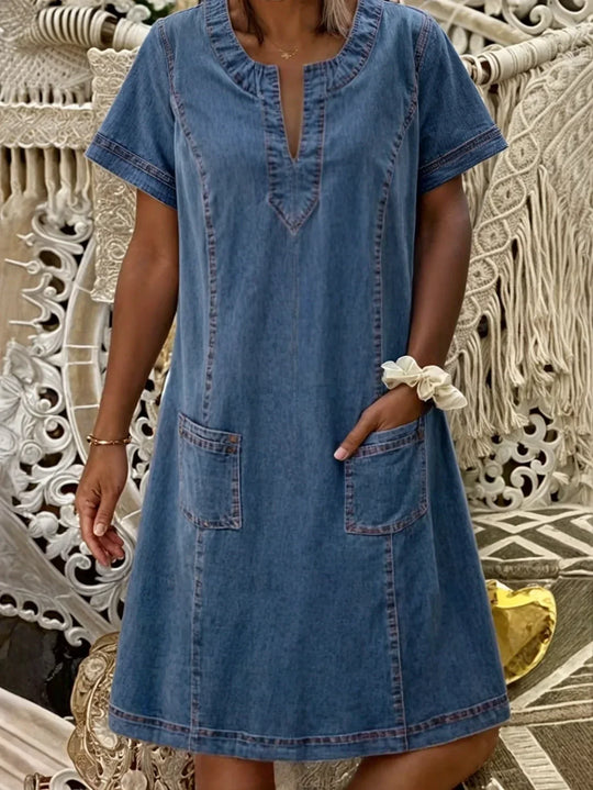 Devina – V-Neck Short Sleeve Denim Shift Dress for Women