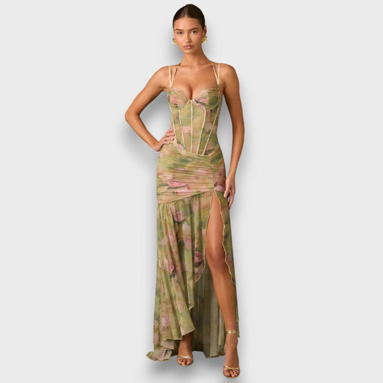 Valessa – Corset Dress with Slit and Flowing Ruffle Skirt