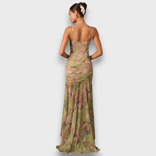 Valessa – Corset Dress with Slit and Flowing Ruffle Skirt