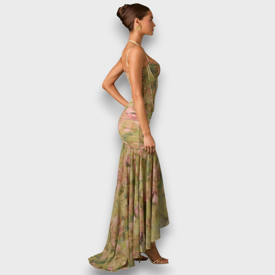 Valessa – Corset Dress with Slit and Flowing Ruffle Skirt