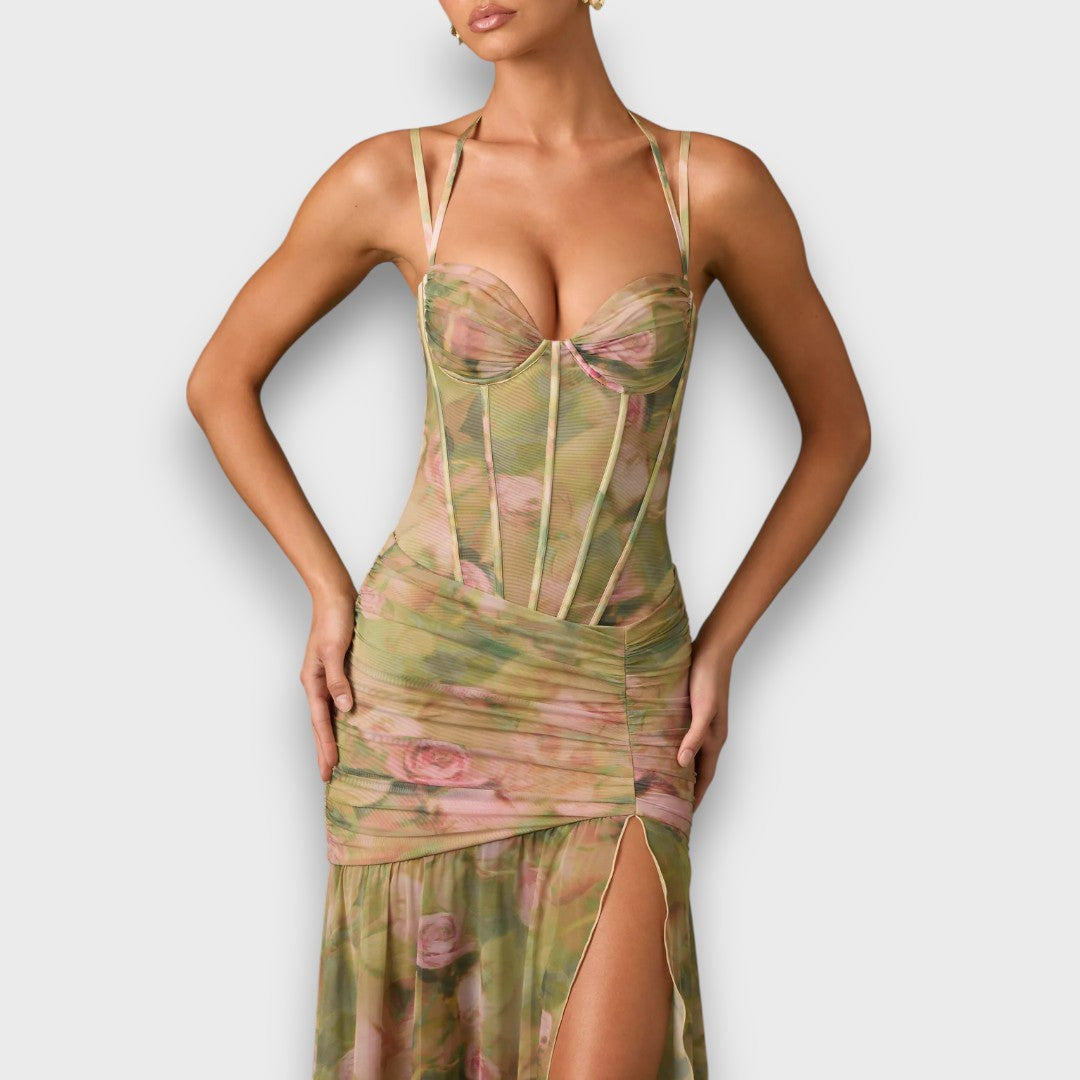 Valessa – Corset Dress with Slit and Flowing Ruffle Skirt