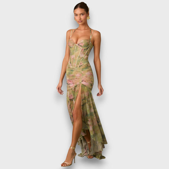 Valessa – Corset Dress with Slit and Flowing Ruffle Skirt