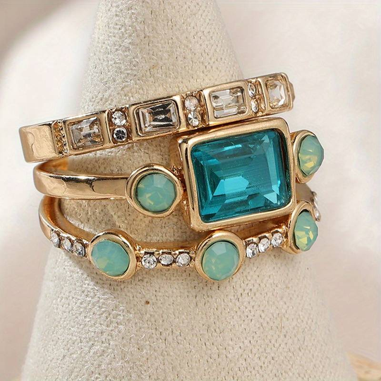 Leighton – Gold Blue Topaz & Opal Stacking Ring Set for Women
