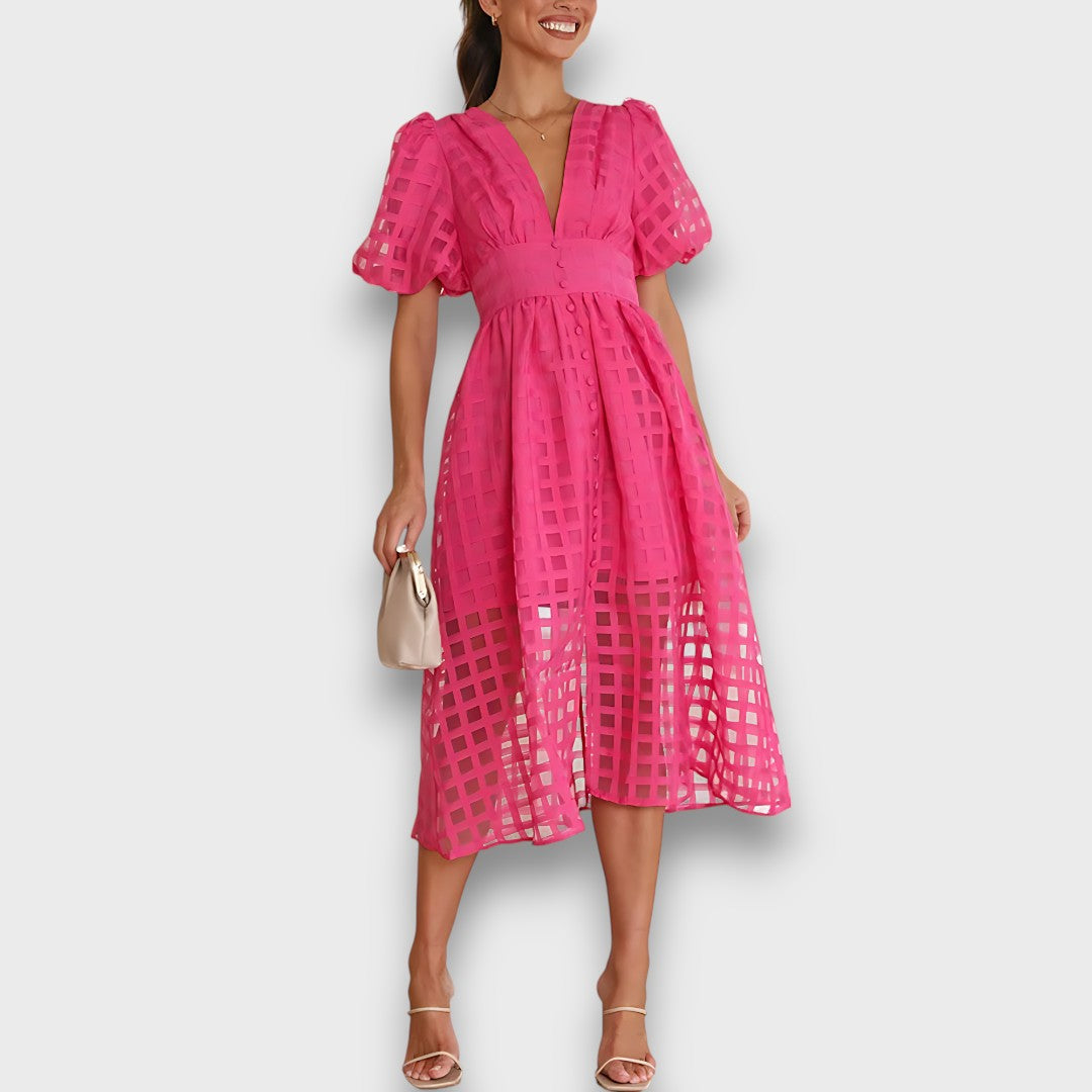 Lianora – Feminine Midi Dress with Structural Pattern