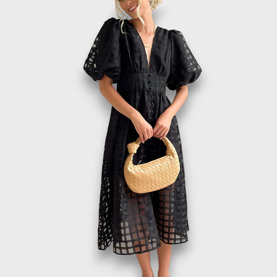 Lianora – Feminine Midi Dress with Structural Pattern