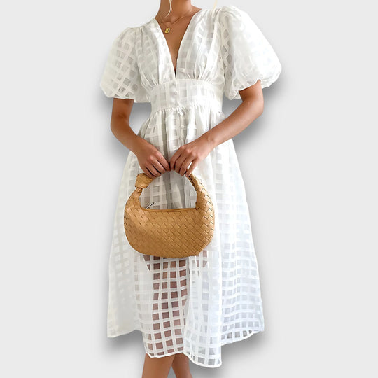 Lianora – Feminine Midi Dress with Structural Pattern