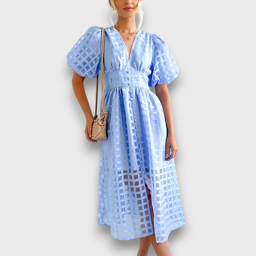 Lianora – Feminine Midi Dress with Structural Pattern