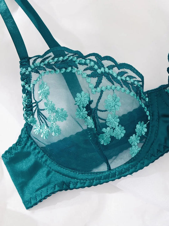 Maelis – Teal Embroidered 3-Piece Lingerie Set for Women