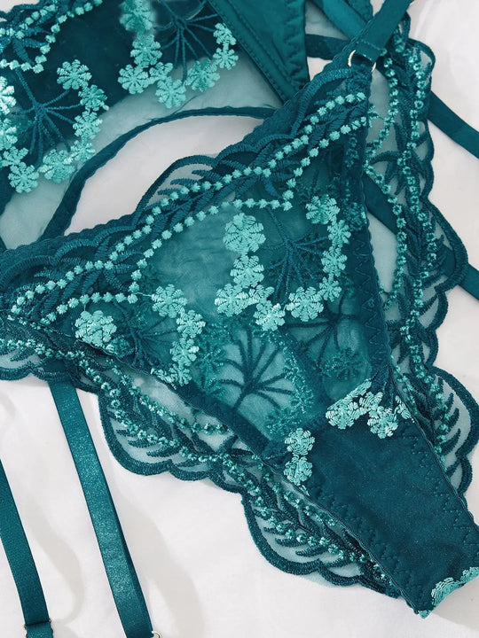 Maelis – Teal Embroidered 3-Piece Lingerie Set for Women