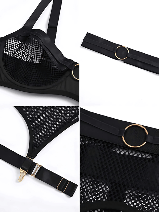 Reva – Black Mesh Bondage-Inspired Lingerie Set for Women