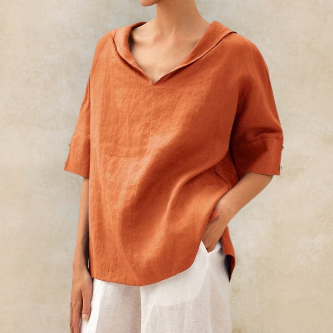 Pat – Minimalist Linen V-Neck Blouse for Women