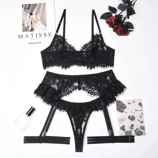 Calise – Black Lace Peplum Lingerie Set