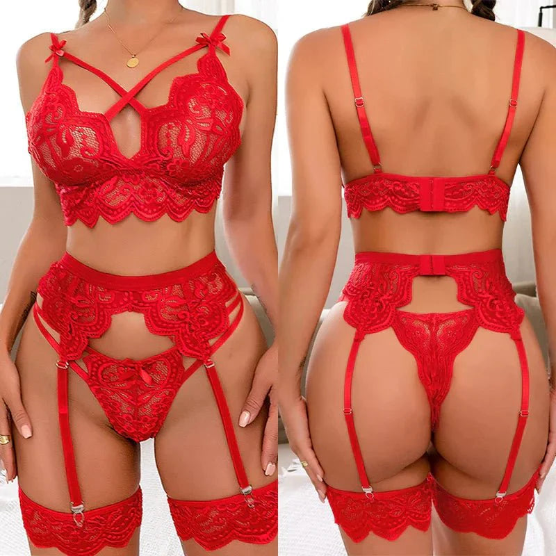 Avenelle – 3-Piece Embroidered Lace Lingerie Set