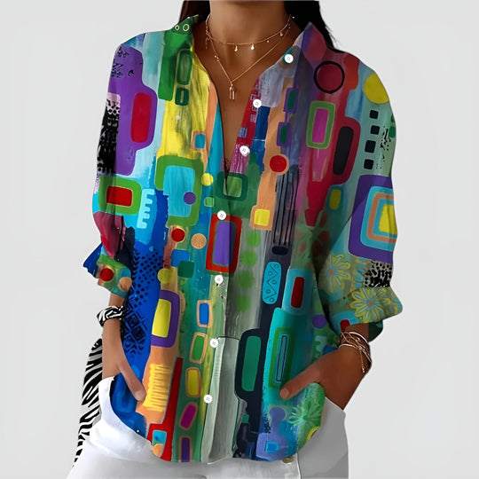 Shera – Vibrant Geometric Print Button-Up Blouse for Women
