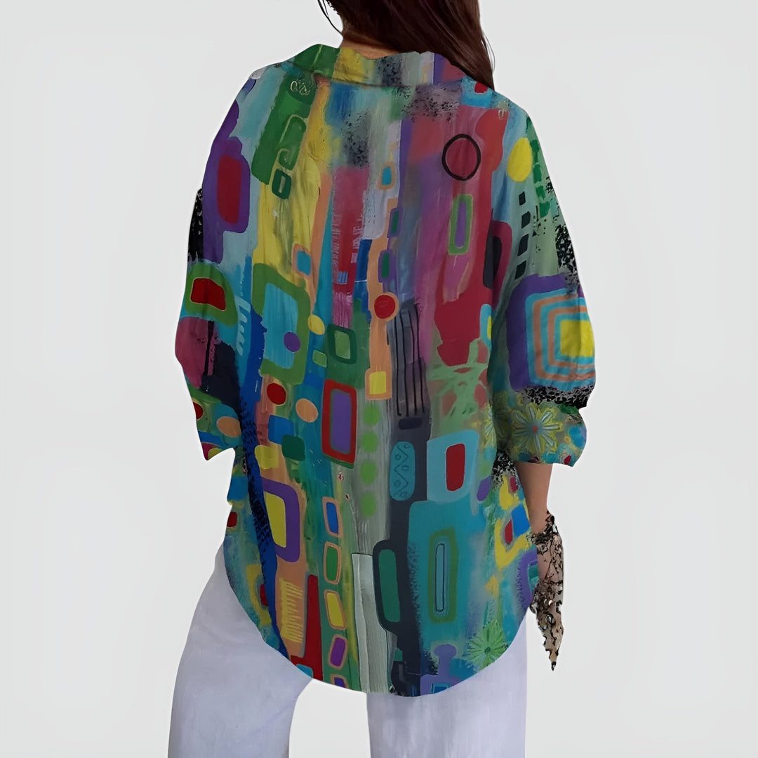 Shera – Vibrant Geometric Print Button-Up Blouse for Women