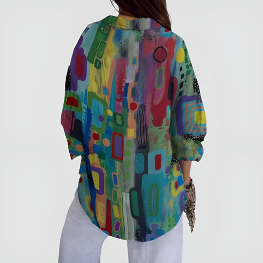 Shera – Vibrant Geometric Print Button-Up Blouse for Women