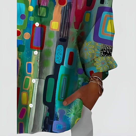Shera – Vibrant Geometric Print Button-Up Blouse for Women