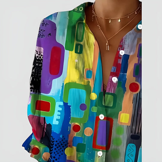 Shera – Vibrant Geometric Print Button-Up Blouse for Women